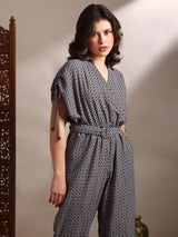 Women's Black Geometric Print Collared Neck Ruched Extended Sleeves Belted Long Line Jumpsuit