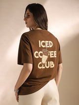 Women's Brown Round Neck Drop Shoulder Sleeves Graphic Back Print Oversized Tshirt