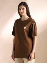 Women's Brown Round Neck Drop Shoulder Sleeves Graphic Back Print Oversized Tshirt