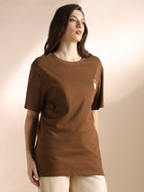 Women's Brown Round Neck Drop Shoulder Sleeves Graphic Back Print Oversized Tshirt