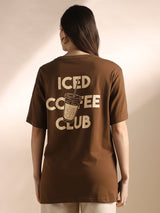 Women's Brown Round Neck Drop Shoulder Sleeves Graphic Back Print Oversized Tshirt
