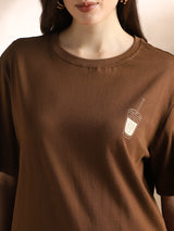 Women's Brown Round Neck Drop Shoulder Sleeves Graphic Back Print Oversized Tshirt
