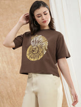 Women's Brown Casual Gold Foil Graphic Print Round Neck Drop Shoulder Sleeves Boxy Crop Tshirt