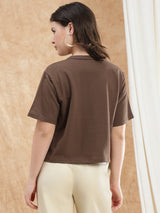 Women's Brown Casual Gold Foil Graphic Print Round Neck Drop Shoulder Sleeves Boxy Crop Tshirt