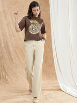 Women's Brown Casual Gold Foil Graphic Print Round Neck Drop Shoulder Sleeves Boxy Crop Tshirt