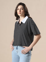 Women's White & Black Casual Striped Collared Neck Short Sleeves Boxy Fit Tshirt