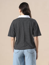 Women's White & Black Casual Striped Collared Neck Short Sleeves Boxy Fit Tshirt