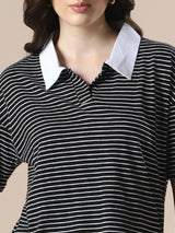 Women's White & Black Casual Striped Collared Neck Short Sleeves Boxy Fit Tshirt