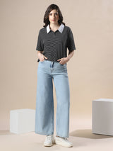 Women's White & Black Casual Striped Collared Neck Short Sleeves Boxy Fit Tshirt