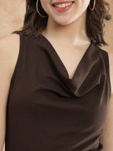 Women's Brown Casual Cowl Neck Sleeveless Tank Top