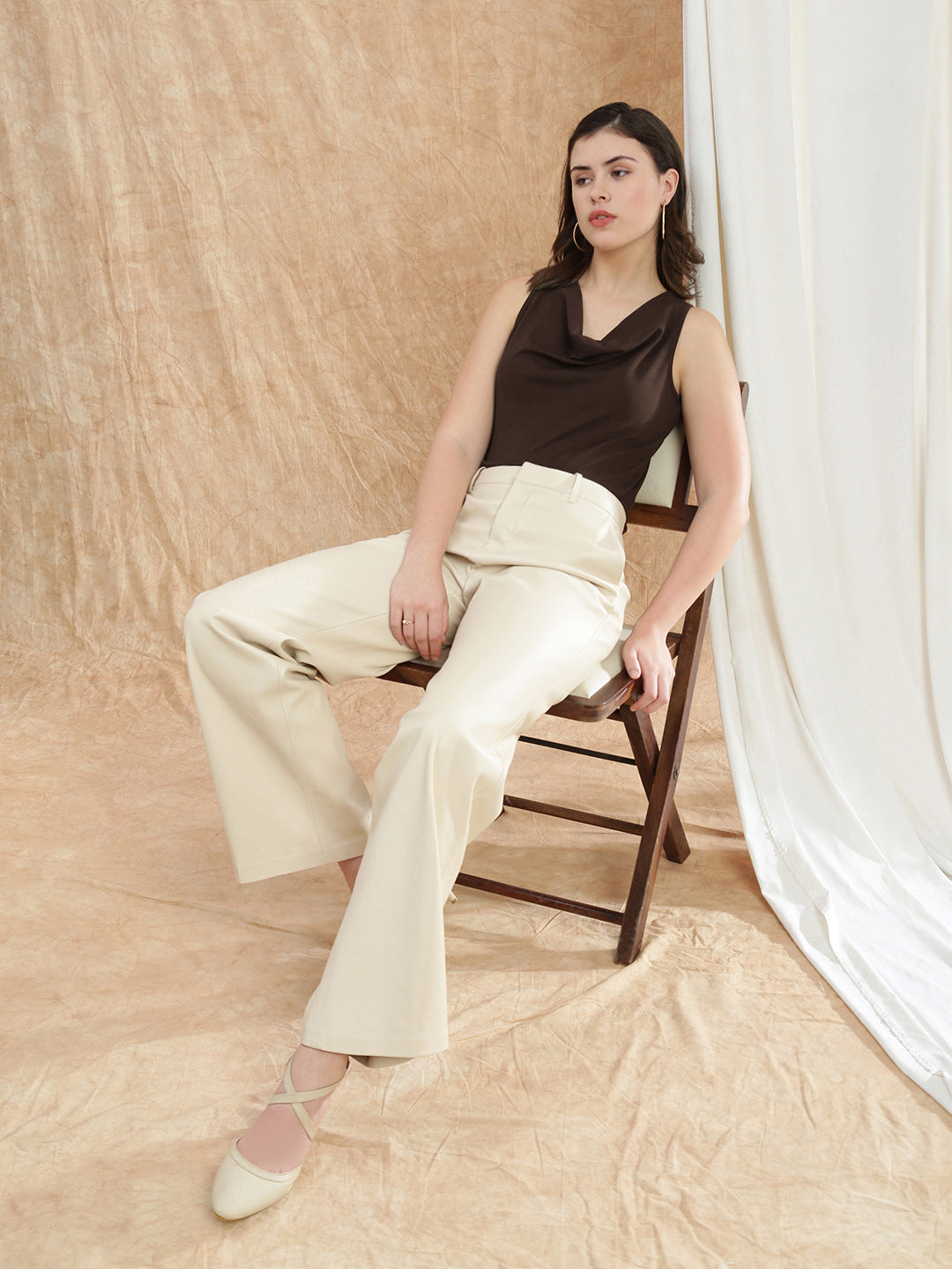 Women's Brown Casual Cowl Neck Sleeveless Tank Top