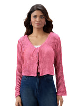 Women's Pink Self- Design Lace Detail Tie-Up Neck Flared Sleeve Party Top