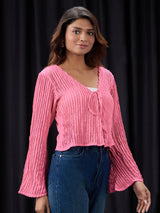 Women's Pink Self- Design Lace Detail Tie-Up Neck Flared Sleeve Party Top