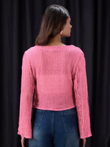 Women's Pink Self- Design Lace Detail Tie-Up Neck Flared Sleeve Party Top
