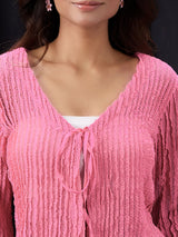 Women's Pink Self- Design Lace Detail Tie-Up Neck Flared Sleeve Party Top
