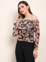 Women's Black Floral Off Shoulder Long Sleeve Ruched Party Top
