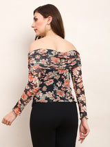 Women's Black Floral Off Shoulder Long Sleeve Ruched Party Top