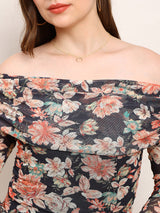 Women's Black Floral Off Shoulder Long Sleeve Ruched Party Top