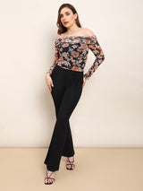 Women's Black Floral Off Shoulder Long Sleeve Ruched Party Top