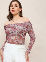 Women's Pink Floral Off Shoulder Long Sleeve Ruched Party Top