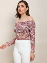 Women's Pink Floral Off Shoulder Long Sleeve Ruched Party Top