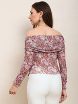 Women's Pink Floral Off Shoulder Long Sleeve Ruched Party Top