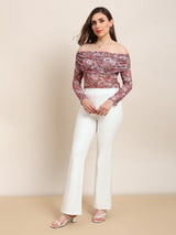 Women's Pink Floral Off Shoulder Long Sleeve Ruched Party Top