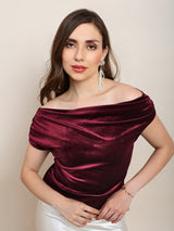 Women's Maroon One Shoulder Gathered Detail Velvet Party Top
