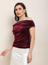 Women's Maroon One Shoulder Gathered Detail Velvet Party Top
