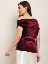 Women's Maroon One Shoulder Gathered Detail Velvet Party Top