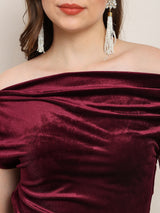 Women's Maroon One Shoulder Gathered Detail Velvet Party Top