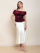 Women's Maroon One Shoulder Gathered Detail Velvet Party Top