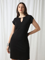 Women's Black Work Self-Design Round Neck Sheath Dress