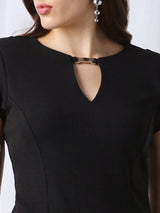 Women's Black Work Self-Design Round Neck Sheath Dress