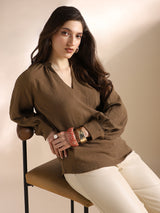 Women's Brown Mandarin Neck Raglan Cuffed Sleeves Self Design Gathered Detail Workwear Top