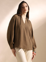 Women's Brown Mandarin Neck Raglan Cuffed Sleeves Self Design Gathered Detail Workwear Top