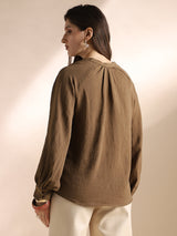 Women's Brown Mandarin Neck Raglan Cuffed Sleeves Self Design Gathered Detail Workwear Top
