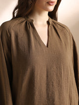 Women's Brown Mandarin Neck Raglan Cuffed Sleeves Self Design Gathered Detail Workwear Top