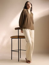 Women's Brown Mandarin Neck Raglan Cuffed Sleeves Self Design Gathered Detail Workwear Top