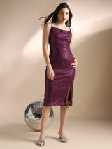 Women's Purple Cowl Neck Strappy Sleeves Sequinned Side Slit Sheath Midi Party Dress