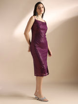 Women's Purple Cowl Neck Strappy Sleeves Sequinned Side Slit Sheath Midi Party Dress
