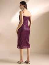Women's Purple Cowl Neck Strappy Sleeves Sequinned Side Slit Sheath Midi Party Dress