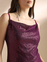 Women's Purple Cowl Neck Strappy Sleeves Sequinned Side Slit Sheath Midi Party Dress