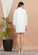 Women's White Floral Multi-Thread Embroidered Cotton Shirt Dress