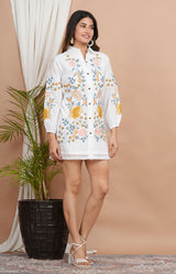 Women's White Floral Multi-Thread Embroidered Cotton Shirt Dress