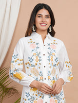 Women's White Floral Multi-Thread Embroidered Cotton Shirt Dress