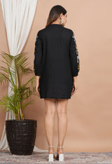 Women's Black Floral Multi-Thread Embroidered Cotton Shirt Dress