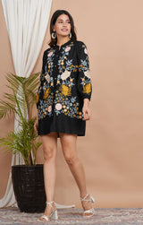 Women's Black Floral Multi-Thread Embroidered Cotton Shirt Dress
