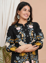 Women's Black Floral Multi-Thread Embroidered Cotton Shirt Dress