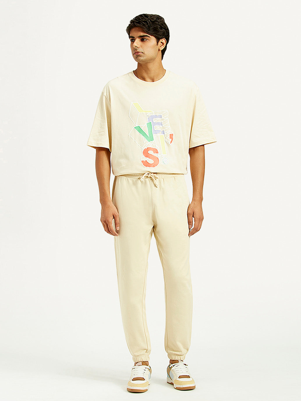 Mens Beige Knit Joggers Regular Fit